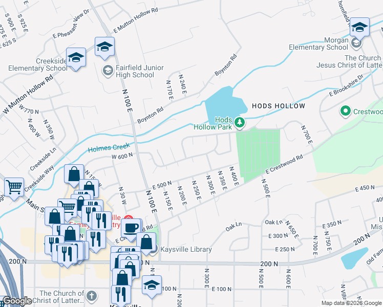 map of restaurants, bars, coffee shops, grocery stores, and more near 257 East 600 North in Kaysville