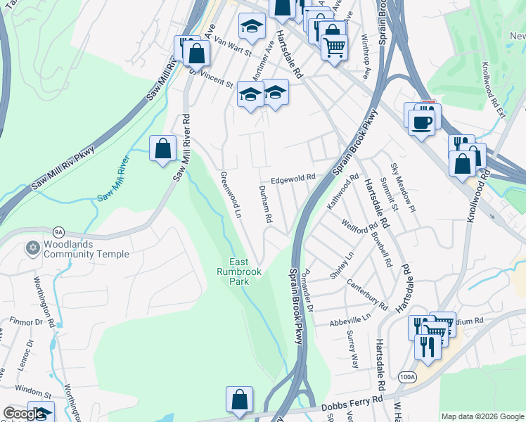map of restaurants, bars, coffee shops, grocery stores, and more near 194 Canterbury Road in White Plains