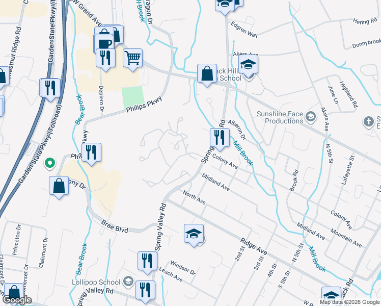 map of restaurants, bars, coffee shops, grocery stores, and more near 256 Bearwoods Road in Park Ridge