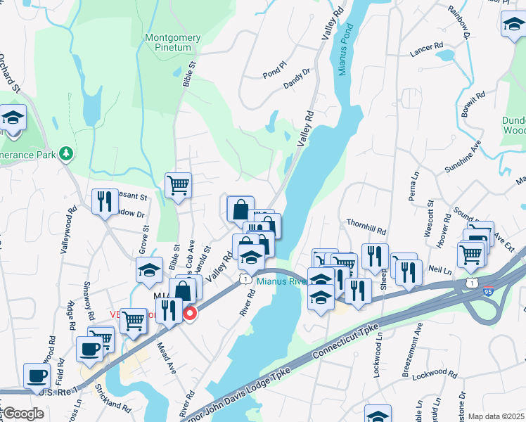 map of restaurants, bars, coffee shops, grocery stores, and more near 85 Valley Road in Greenwich