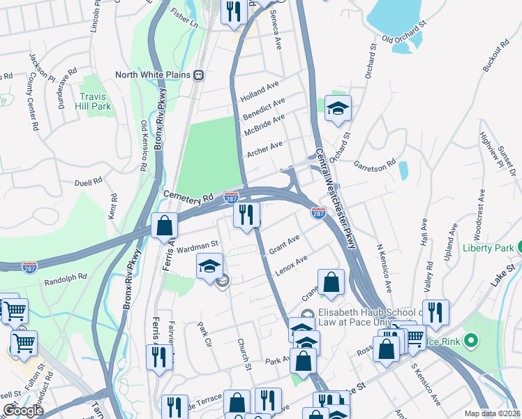 map of restaurants, bars, coffee shops, grocery stores, and more near 144 North Broadway in White Plains