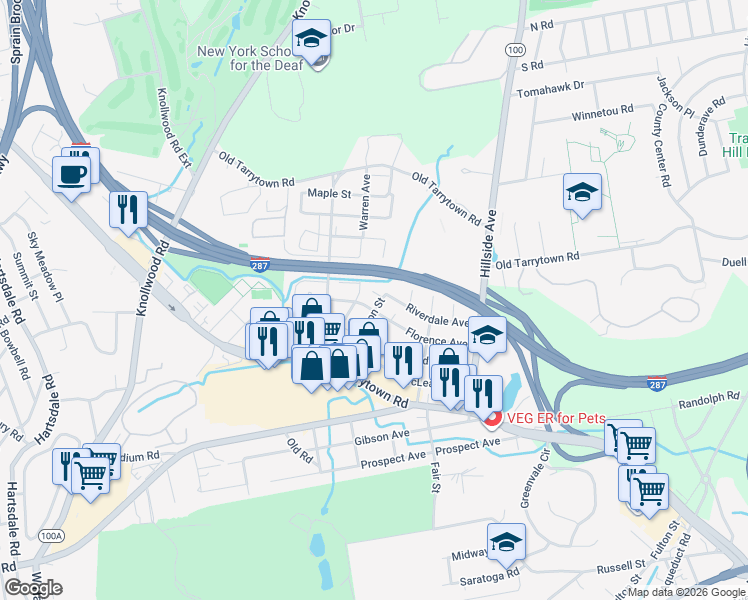 map of restaurants, bars, coffee shops, grocery stores, and more near 32 Carlton Street in White Plains