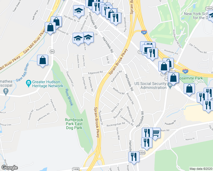 map of restaurants, bars, coffee shops, grocery stores, and more near 47 Wellford Road in White Plains