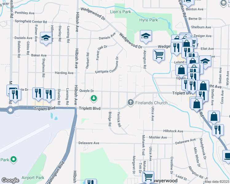 map of restaurants, bars, coffee shops, grocery stores, and more near 695 Bridge Road in Akron
