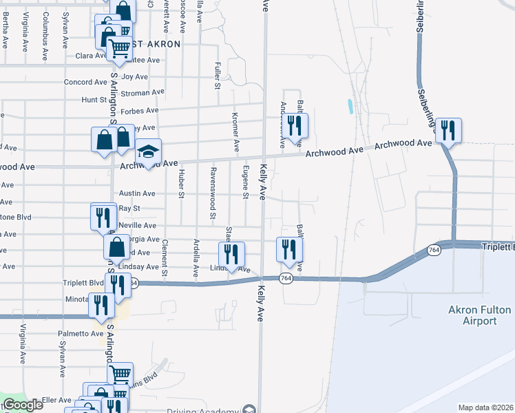 map of restaurants, bars, coffee shops, grocery stores, and more near 979 Kelly Avenue in Akron