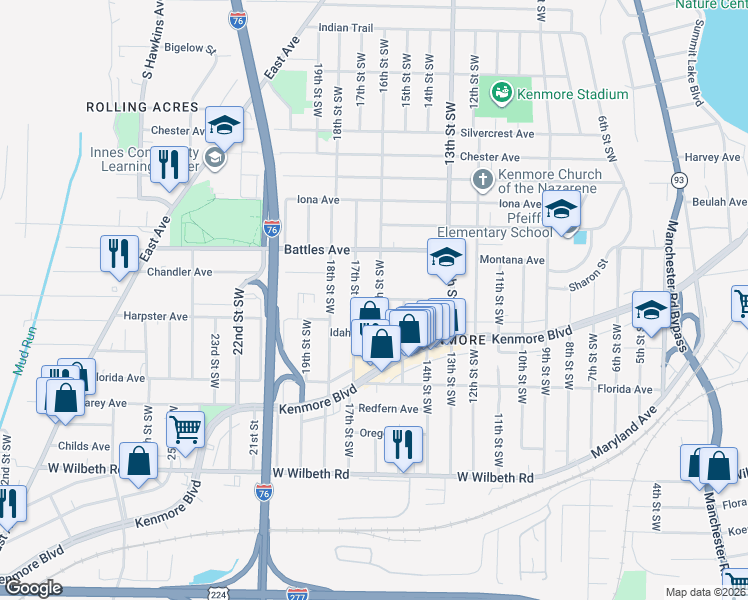 map of restaurants, bars, coffee shops, grocery stores, and more near 937 Ella Court in Akron