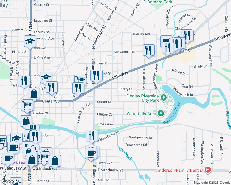 map of restaurants, bars, coffee shops, grocery stores, and more near 604 Center Street in Findlay