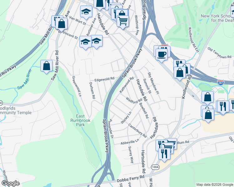 map of restaurants, bars, coffee shops, grocery stores, and more near 47 Wellford Road in White Plains