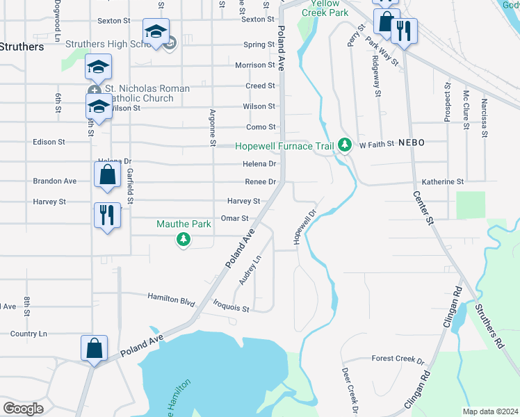 map of restaurants, bars, coffee shops, grocery stores, and more near 453 Poland Avenue in Struthers