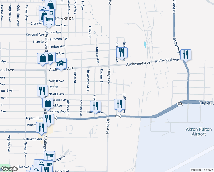 map of restaurants, bars, coffee shops, grocery stores, and more near 978 Kelly Avenue in Akron