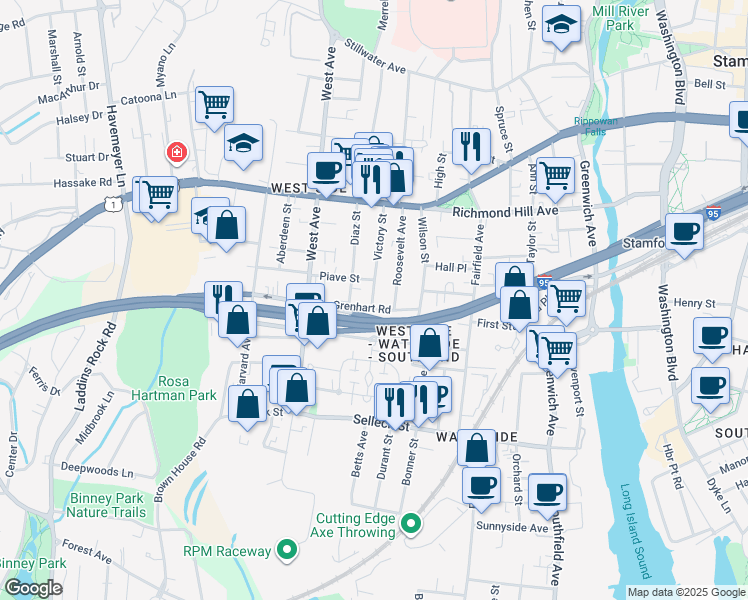 map of restaurants, bars, coffee shops, grocery stores, and more near 63 Victory Street in Stamford