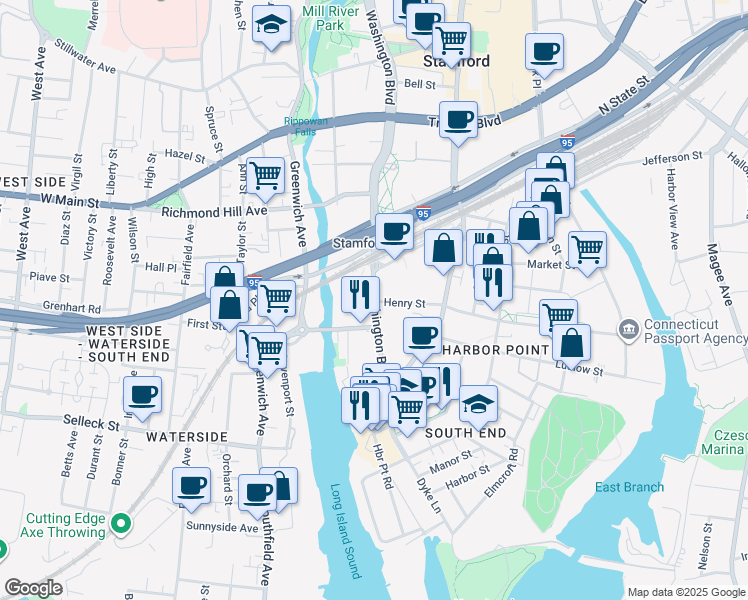 map of restaurants, bars, coffee shops, grocery stores, and more near 407 Washington Boulevard in Stamford