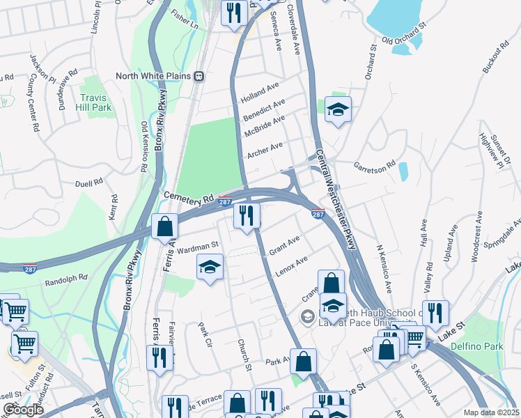 map of restaurants, bars, coffee shops, grocery stores, and more near 144 North Broadway in White Plains
