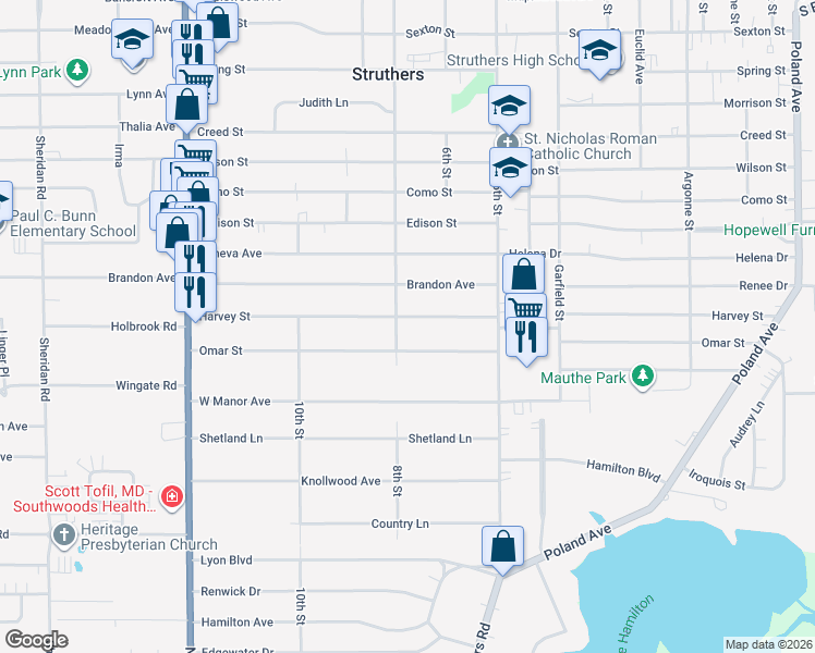 map of restaurants, bars, coffee shops, grocery stores, and more near 429 Omar Street in Struthers