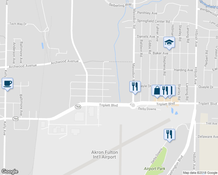 map of restaurants, bars, coffee shops, grocery stores, and more near 1619 Canadian Avenue in Akron