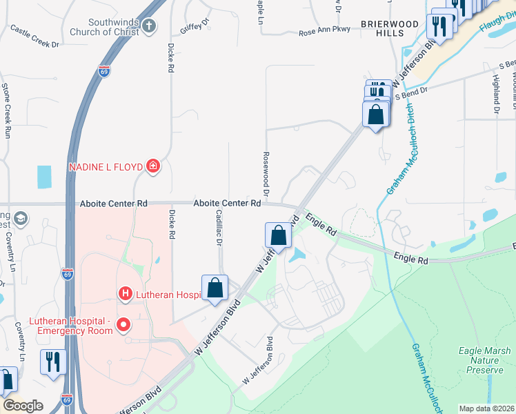 map of restaurants, bars, coffee shops, grocery stores, and more near 7527 Aboite Center Road in Fort Wayne