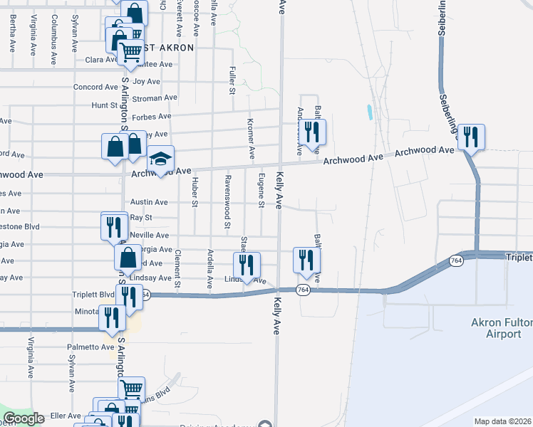 map of restaurants, bars, coffee shops, grocery stores, and more near 808 Eugene Street in Akron