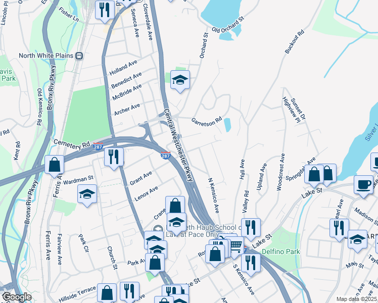 map of restaurants, bars, coffee shops, grocery stores, and more near 125 Grant Avenue in White Plains