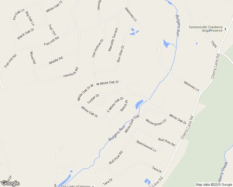 map of restaurants, bars, coffee shops, grocery stores, and more near E White Oak Dr in Tannersville