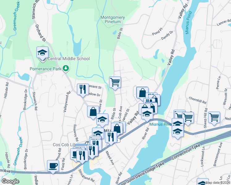 map of restaurants, bars, coffee shops, grocery stores, and more near 54 Bible Street in Greenwich