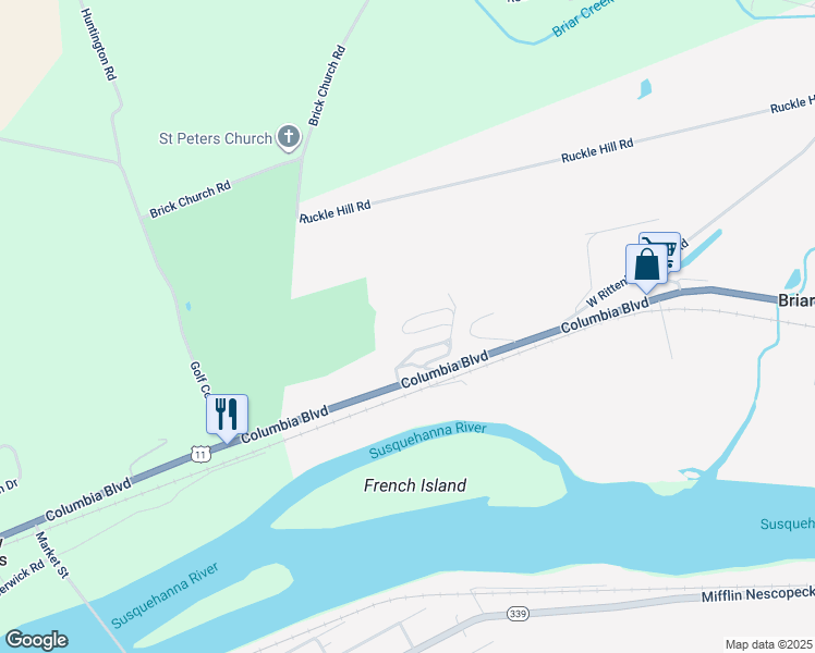 map of restaurants, bars, coffee shops, grocery stores, and more near 7465 Columbia Boulevard in Berwick
