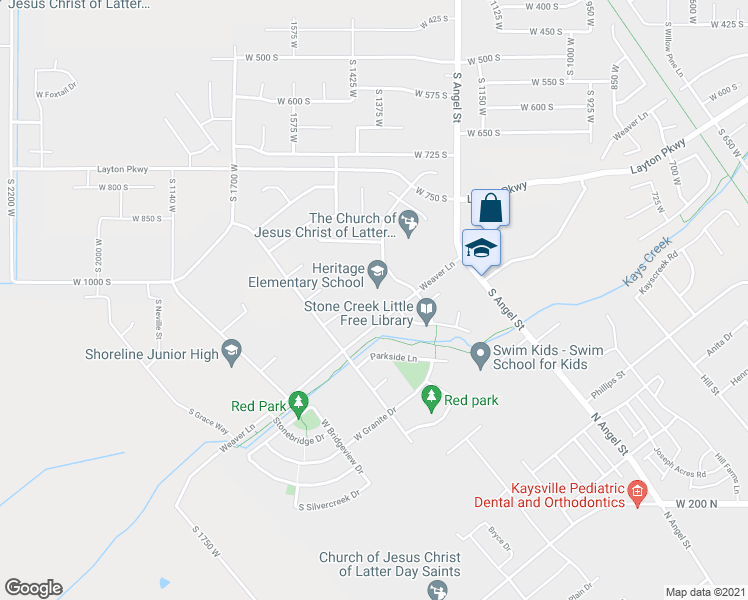 map of restaurants, bars, coffee shops, grocery stores, and more near 1354 West Weaver Lane in Layton