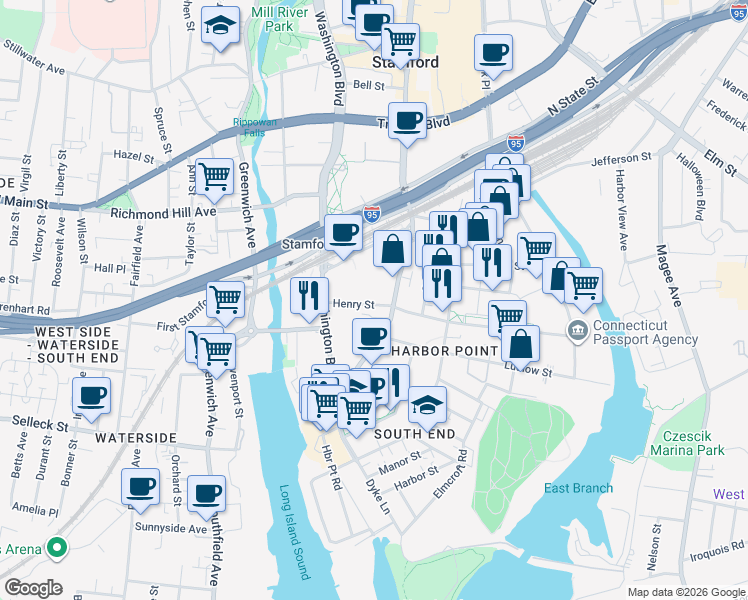 map of restaurants, bars, coffee shops, grocery stores, and more near 84 Henry Street in Stamford