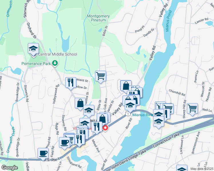 map of restaurants, bars, coffee shops, grocery stores, and more near 47 Cos Cob Avenue in Greenwich