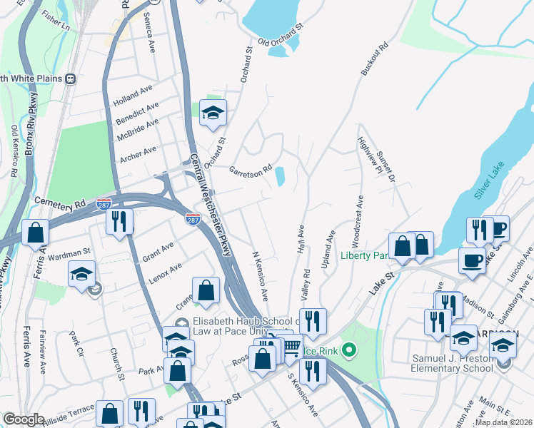 map of restaurants, bars, coffee shops, grocery stores, and more near 41 Mount Morris Avenue in White Plains