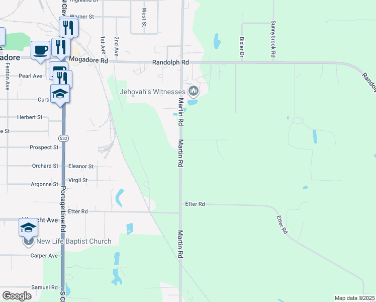 map of restaurants, bars, coffee shops, grocery stores, and more near 2026 Martin Road in Mogadore