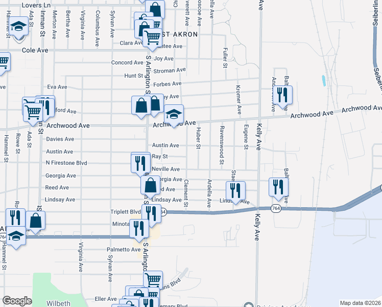 map of restaurants, bars, coffee shops, grocery stores, and more near 953 Clement Street in Akron