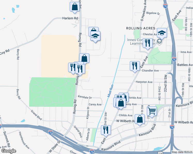 map of restaurants, bars, coffee shops, grocery stores, and more near 2500 Kingsport Way in Akron