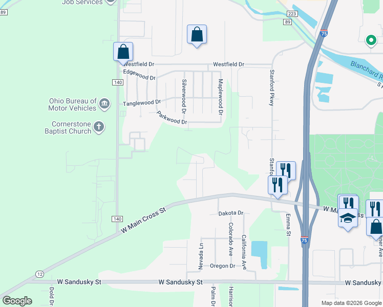 map of restaurants, bars, coffee shops, grocery stores, and more near 112 Potomac Drive in Findlay