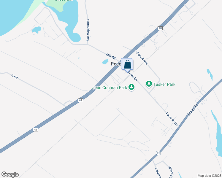 map of restaurants, bars, coffee shops, grocery stores, and more near 584 Pauls Lane in Peconic
