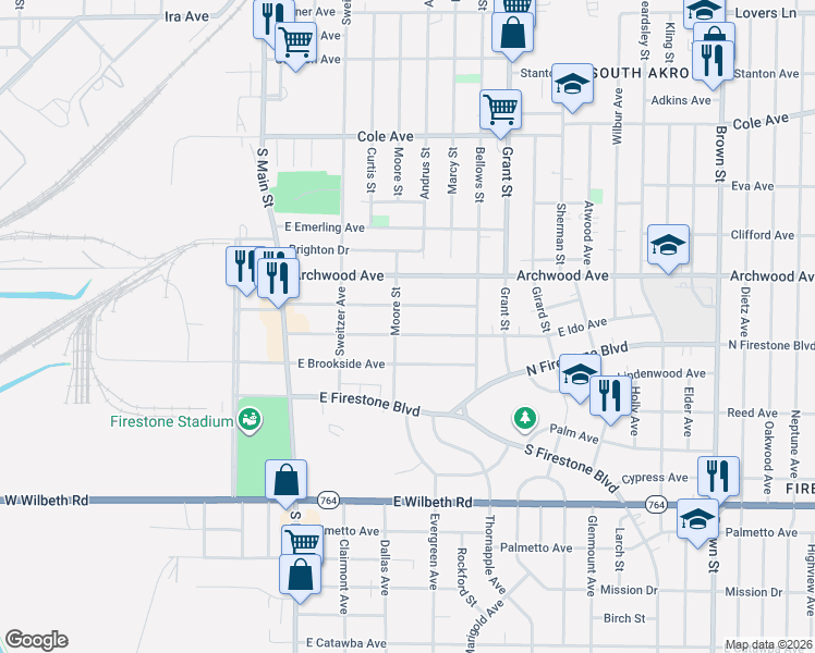 map of restaurants, bars, coffee shops, grocery stores, and more near 144 East Ido Avenue in Akron