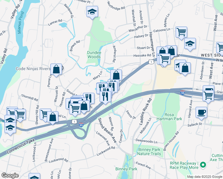 map of restaurants, bars, coffee shops, grocery stores, and more near 51 Old Kings Highway in Greenwich