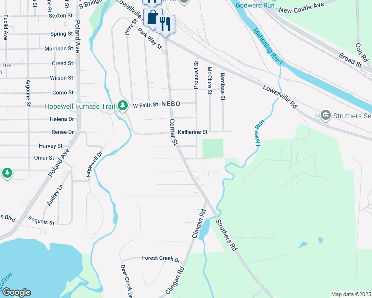 map of restaurants, bars, coffee shops, grocery stores, and more near 6 East Parkcliff Avenue in Struthers