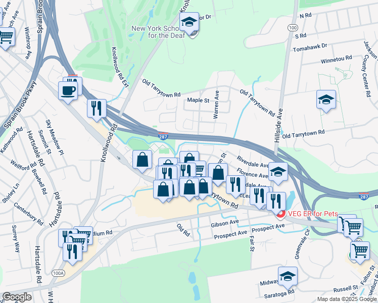 map of restaurants, bars, coffee shops, grocery stores, and more near 52 Manhattan Avenue in White Plains