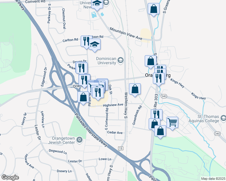 map of restaurants, bars, coffee shops, grocery stores, and more near 3 Oak Street in Orangeburg