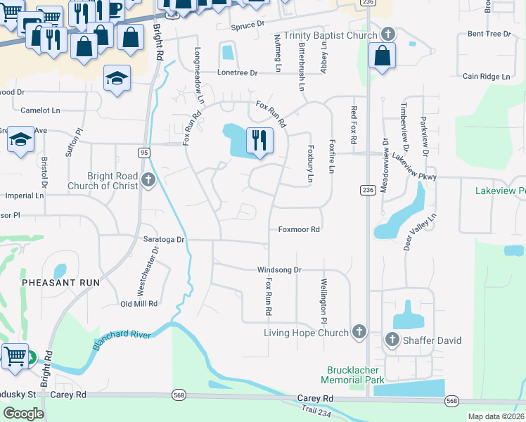 map of restaurants, bars, coffee shops, grocery stores, and more near 1131 Fox Run Road in Findlay