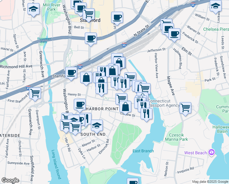 map of restaurants, bars, coffee shops, grocery stores, and more near 111 Towne Street in Stamford