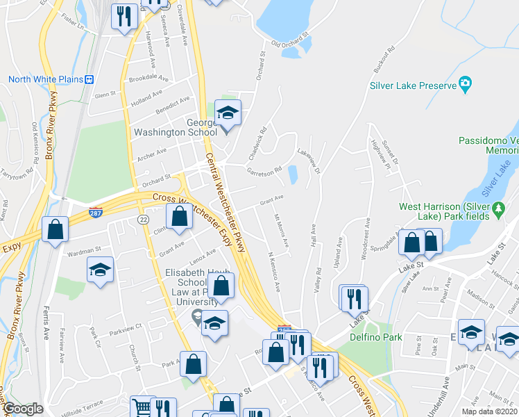 map of restaurants, bars, coffee shops, grocery stores, and more near 193 North Kensico Avenue in White Plains