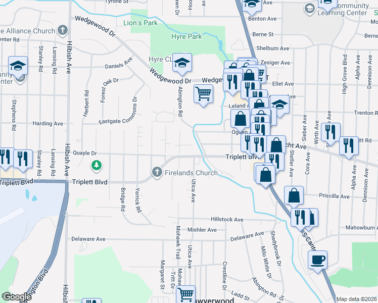 map of restaurants, bars, coffee shops, grocery stores, and more near 2336 Triplett Boulevard in Akron
