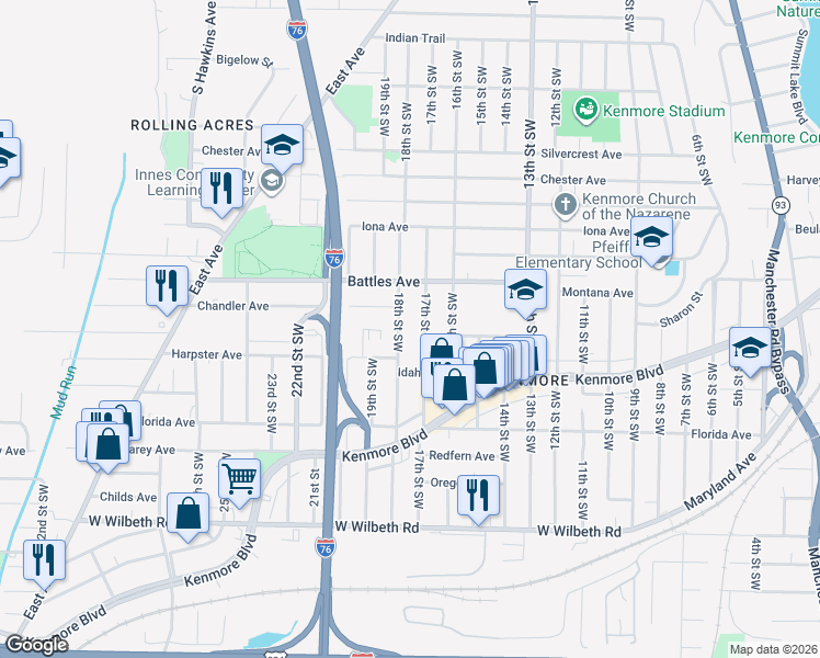 map of restaurants, bars, coffee shops, grocery stores, and more near 2181 18th Street Southwest in Akron