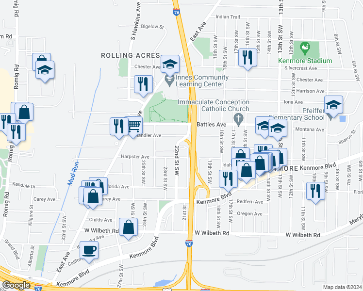 map of restaurants, bars, coffee shops, grocery stores, and more near 1069 Harpster Avenue in Akron
