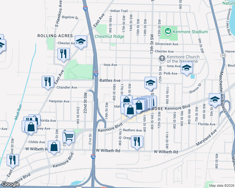 map of restaurants, bars, coffee shops, grocery stores, and more near 2181 18th Street Southwest in Akron