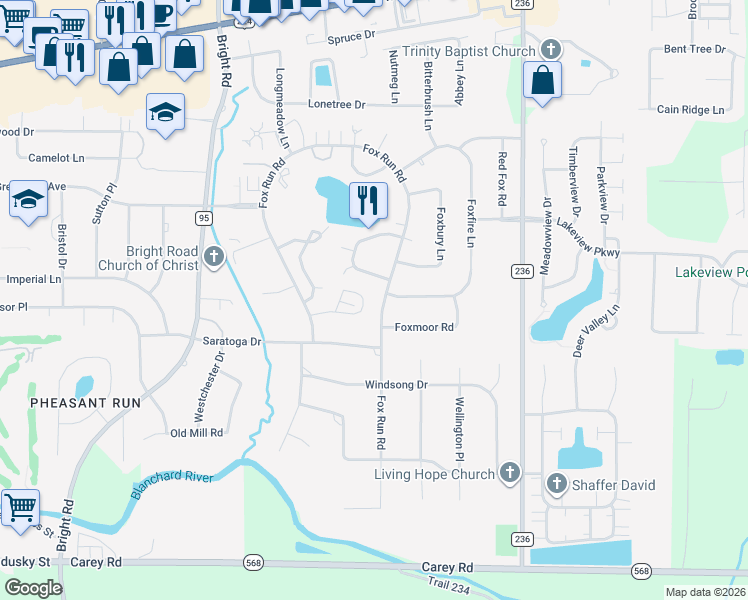 map of restaurants, bars, coffee shops, grocery stores, and more near 1131 Fox Run Road in Findlay