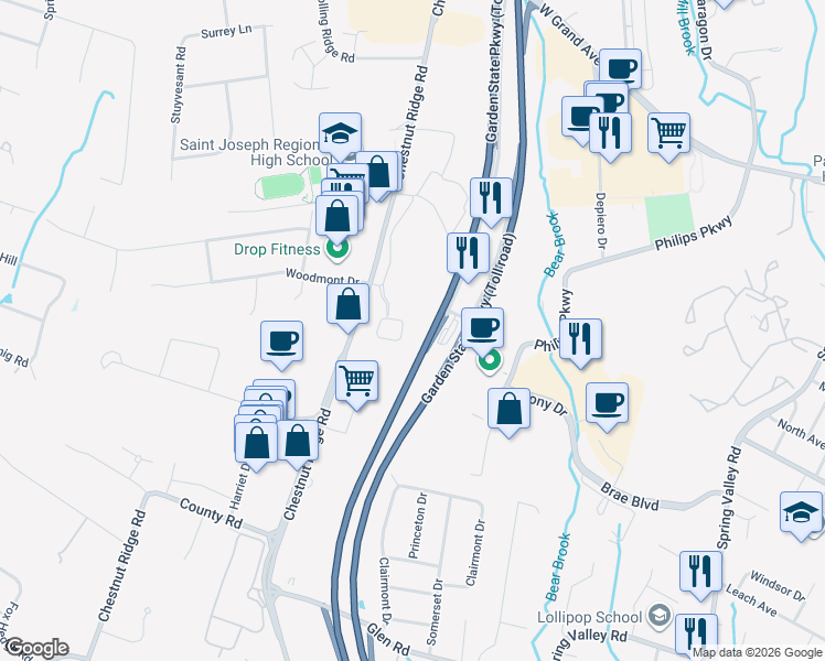 map of restaurants, bars, coffee shops, grocery stores, and more near 408 Four Seasons Lane in Montvale