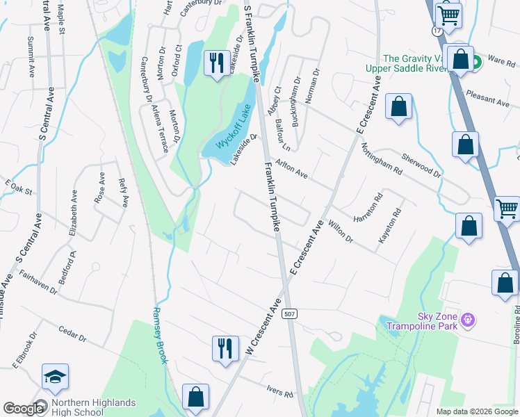 map of restaurants, bars, coffee shops, grocery stores, and more near 913 Franklin Turnpike in Allendale