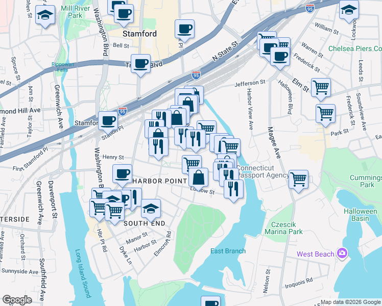 map of restaurants, bars, coffee shops, grocery stores, and more near 121 Towne Street in Stamford